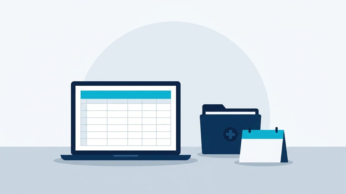 Laptop showing a spreadsheet beside a patient file folder and a desk calendar