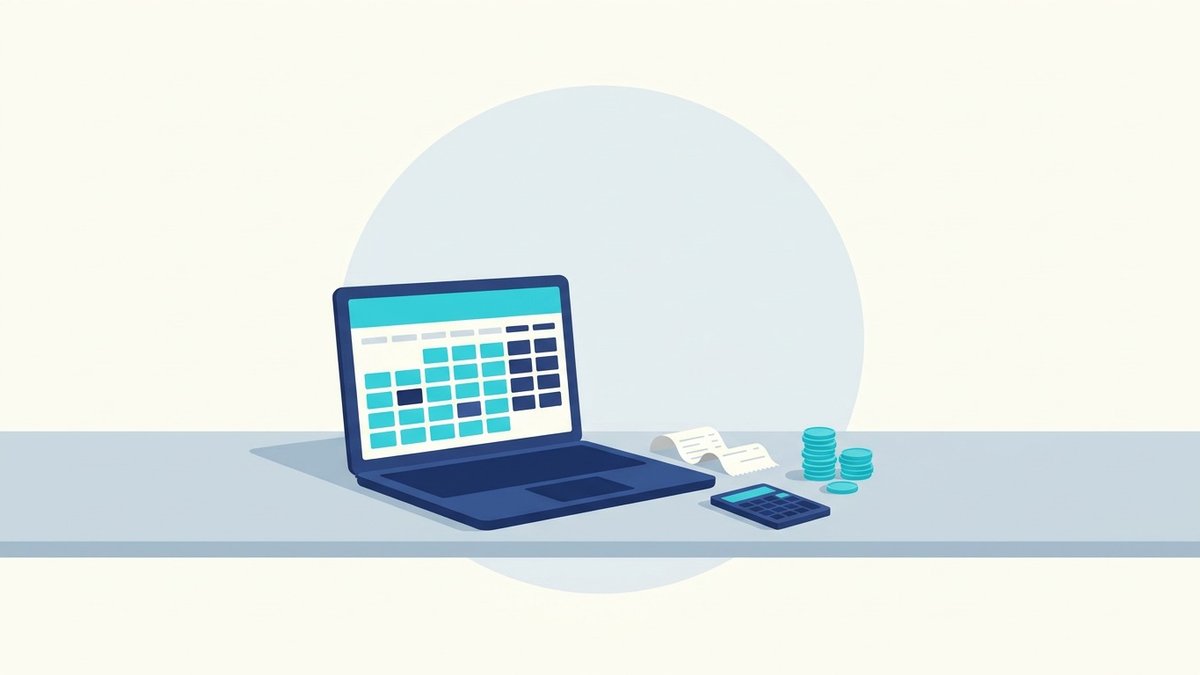 Laptop showing a calendar on a desk beside a calculator, a receipt and stacked coins