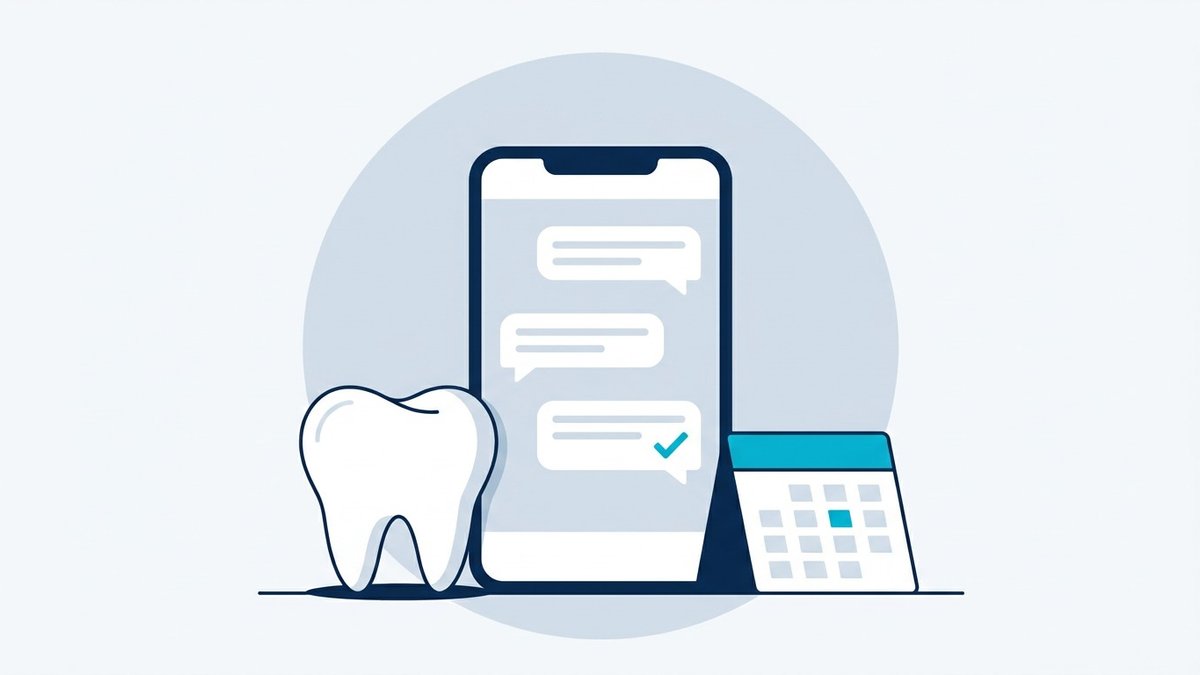 Phone with three chat messages and a check mark, beside a tooth and a calendar